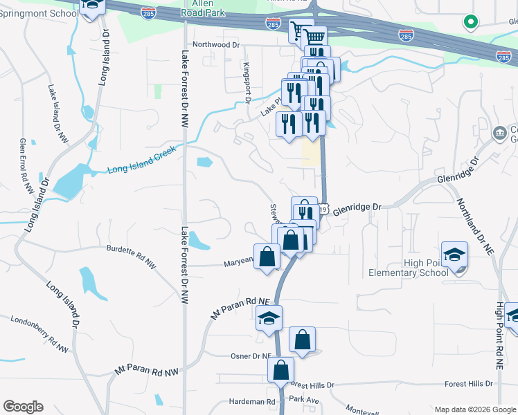 map of restaurants, bars, coffee shops, grocery stores, and more near 165 Stewart Drive Northeast in Atlanta