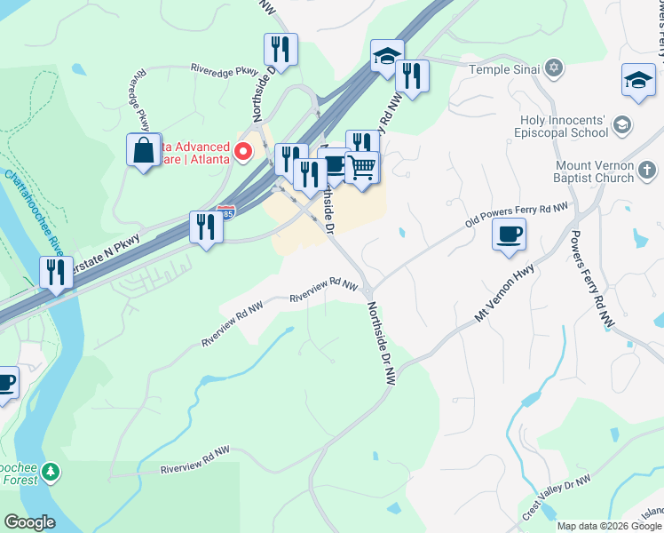 map of restaurants, bars, coffee shops, grocery stores, and more near 5320 Riverview Road Northwest in Atlanta