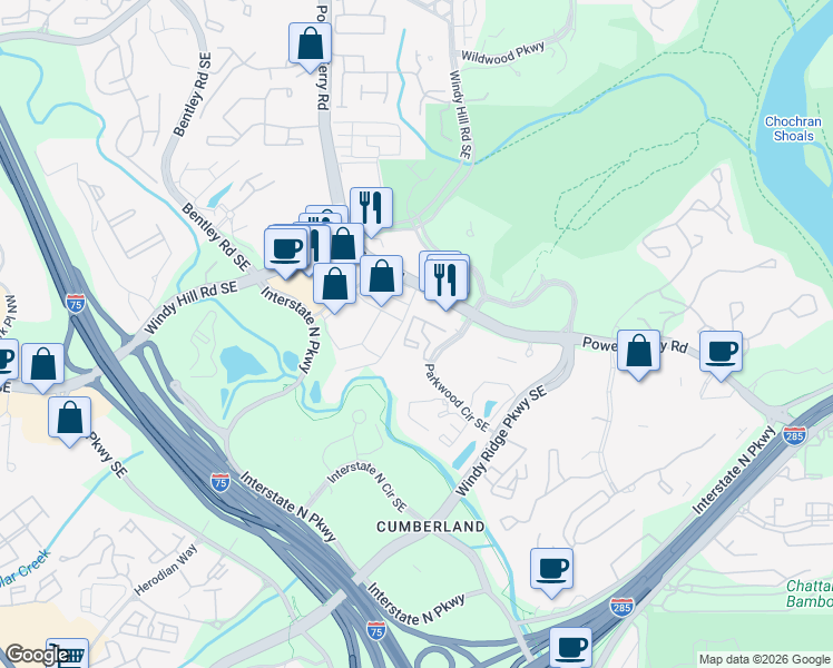 map of restaurants, bars, coffee shops, grocery stores, and more near 1250 Parkwood Circle Southeast in Atlanta