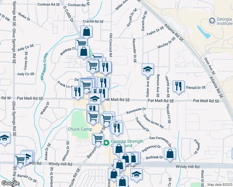 map of restaurants, bars, coffee shops, grocery stores, and more near 7004 Pat Mell Place Southeast in Smyrna