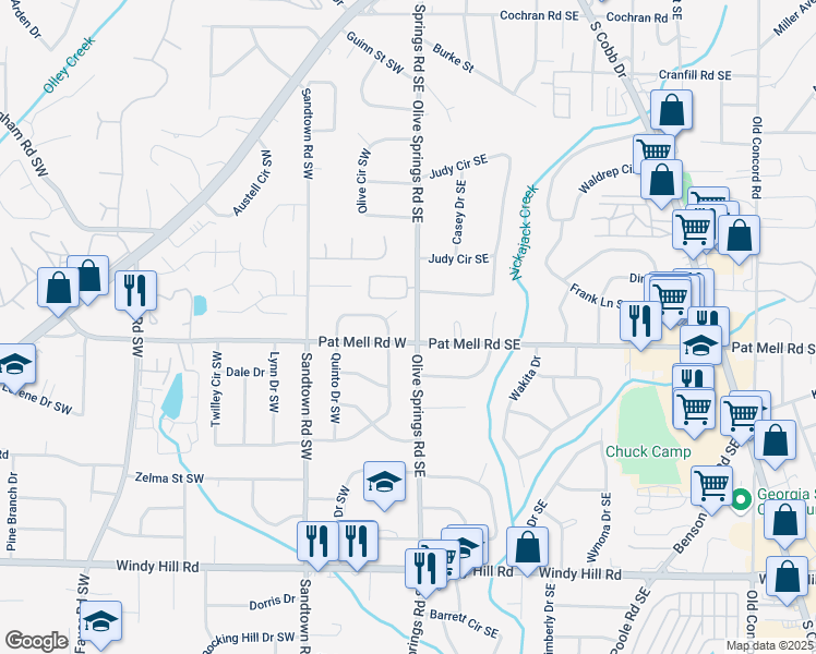 map of restaurants, bars, coffee shops, grocery stores, and more near 2078 Olive Springs Road Southeast in Marietta