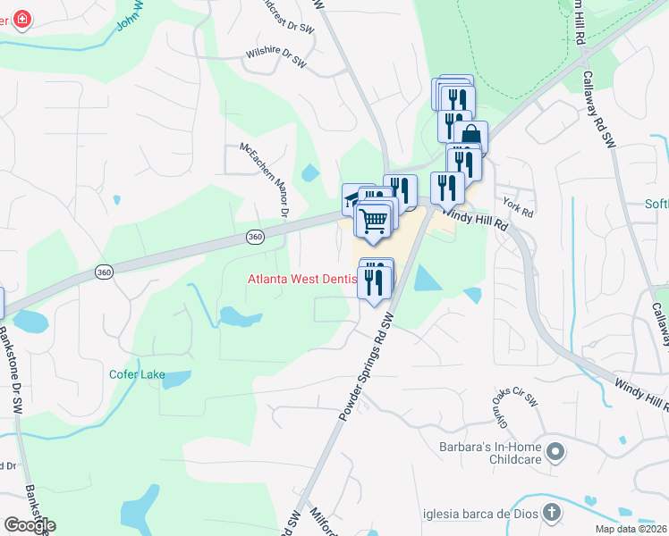 map of restaurants, bars, coffee shops, grocery stores, and more near 2038 MacLand Square Drive in Marietta