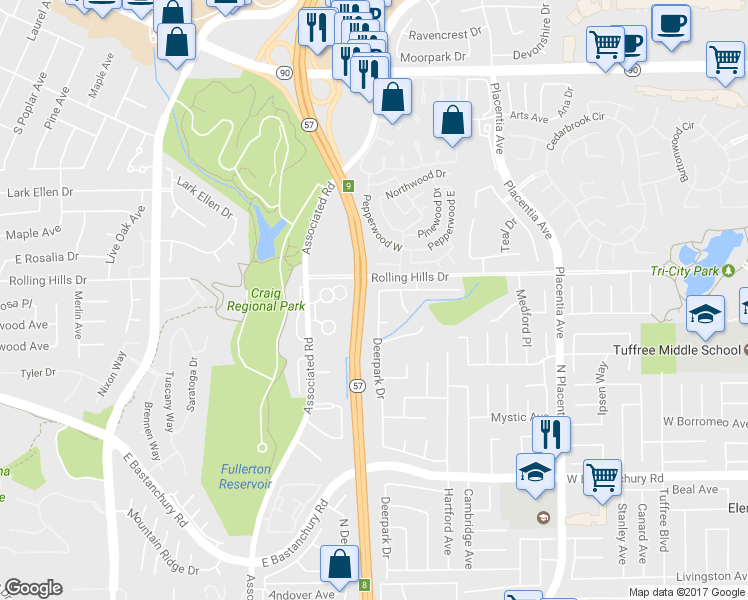 map of restaurants, bars, coffee shops, grocery stores, and more near 2725 Deerpark Drive in Fullerton