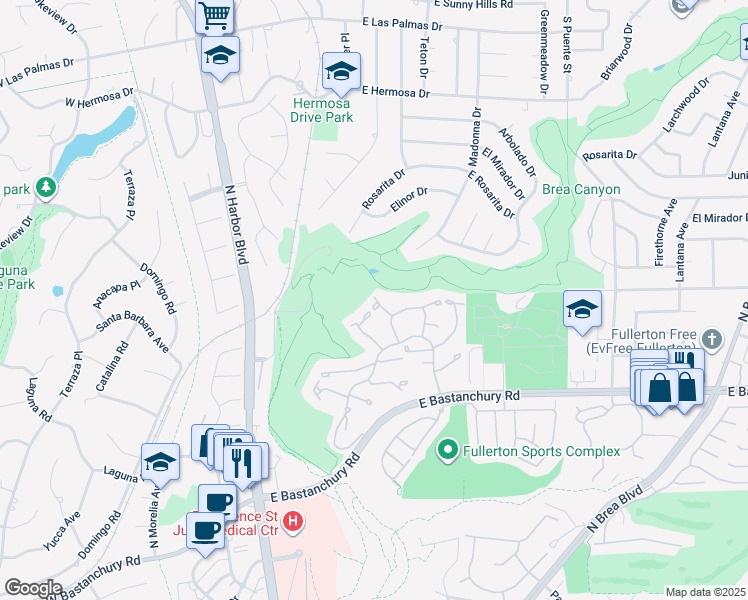 map of restaurants, bars, coffee shops, grocery stores, and more near 407 Thunderbird Court in Fullerton