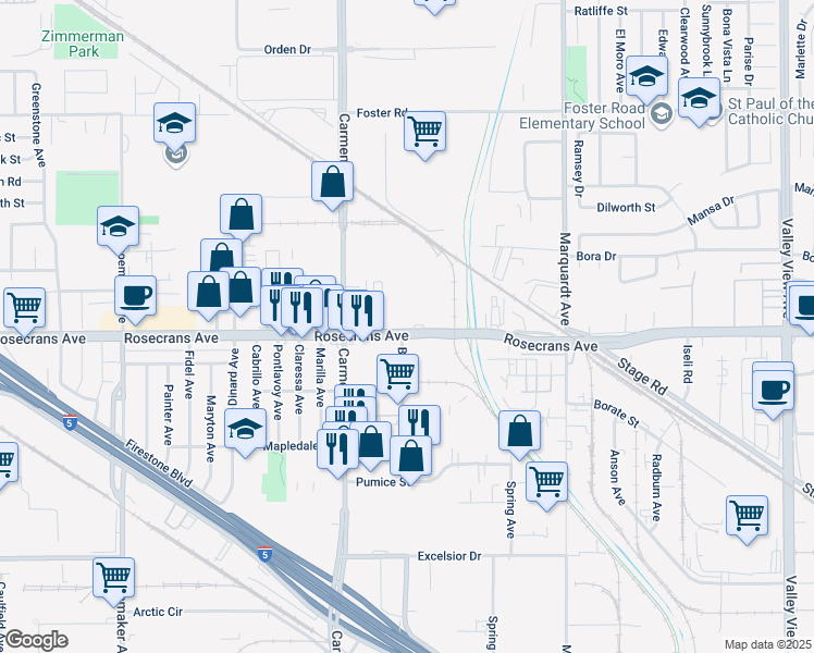 map of restaurants, bars, coffee shops, grocery stores, and more near 13467 Rosecrans Avenue in Santa Fe Springs