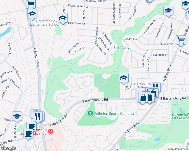 map of restaurants, bars, coffee shops, grocery stores, and more near 664 Brookline Place in Fullerton