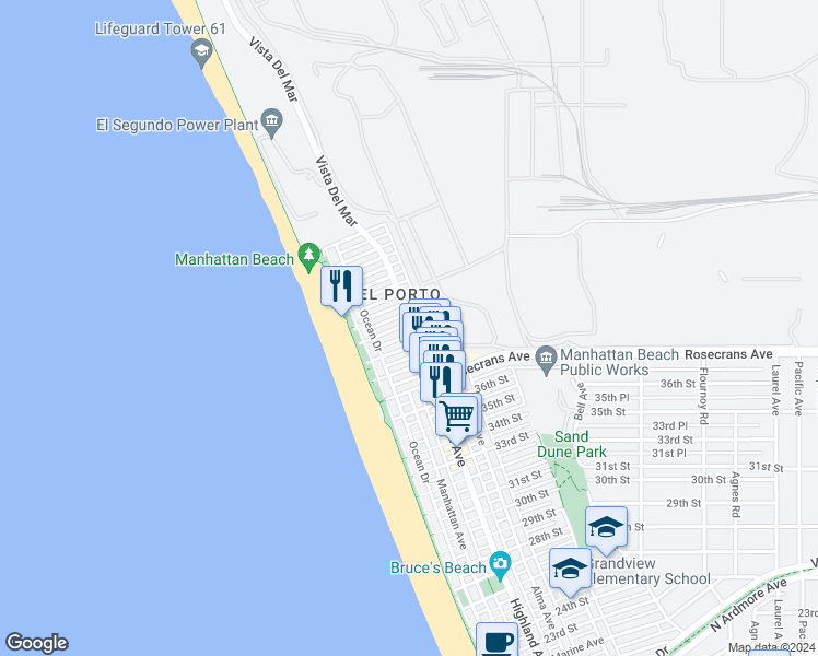 map of restaurants, bars, coffee shops, grocery stores, and more near 3921 Highland Avenue in Manhattan Beach