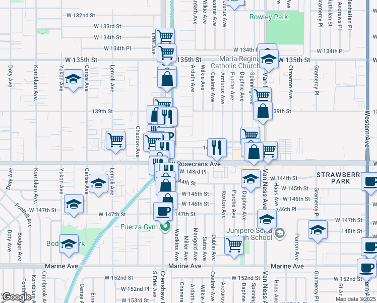 map of restaurants, bars, coffee shops, grocery stores, and more near 2908 141st Place in Gardena