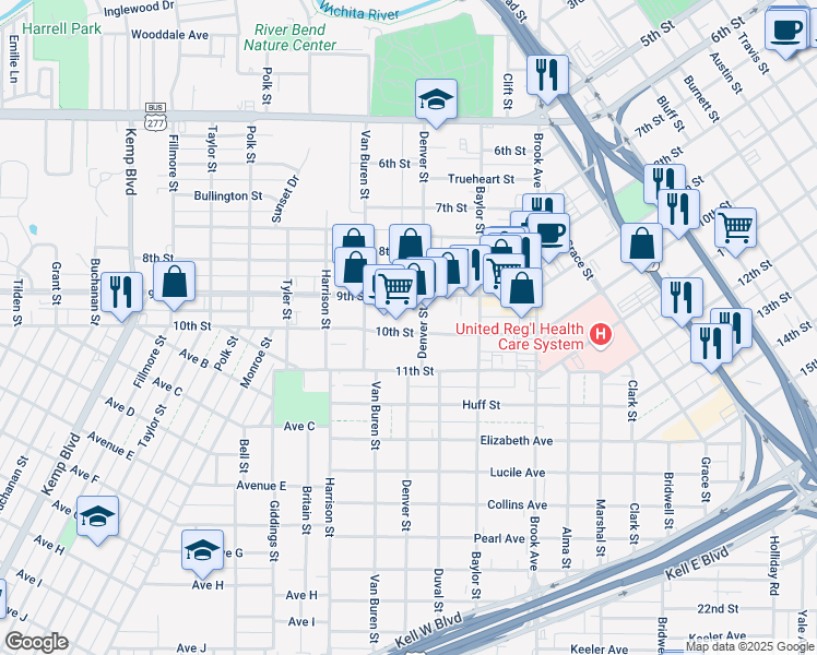 map of restaurants, bars, coffee shops, grocery stores, and more near 901-999 Denver Street in Wichita Falls