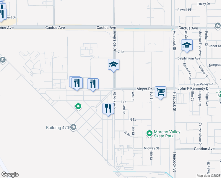 map of restaurants, bars, coffee shops, grocery stores, and more near Meyer Drive in March Air Reserve Base