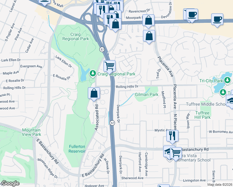 map of restaurants, bars, coffee shops, grocery stores, and more near 2725 Deerpark Drive in Fullerton