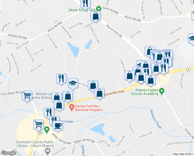 map of restaurants, bars, coffee shops, grocery stores, and more near 524 Harvard Drive Northwest in Lilburn