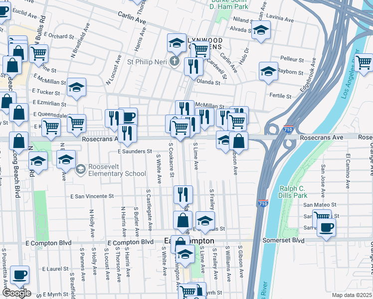 map of restaurants, bars, coffee shops, grocery stores, and more near in East Compton