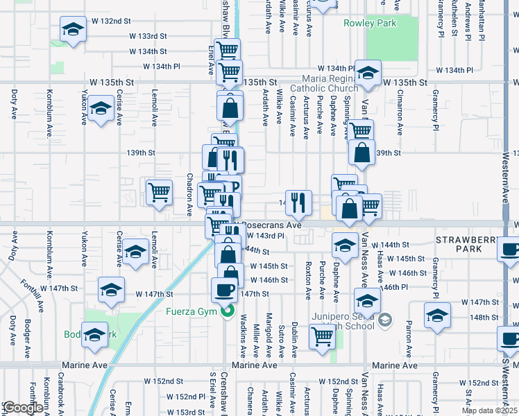 map of restaurants, bars, coffee shops, grocery stores, and more near 2908 141st Place in Gardena