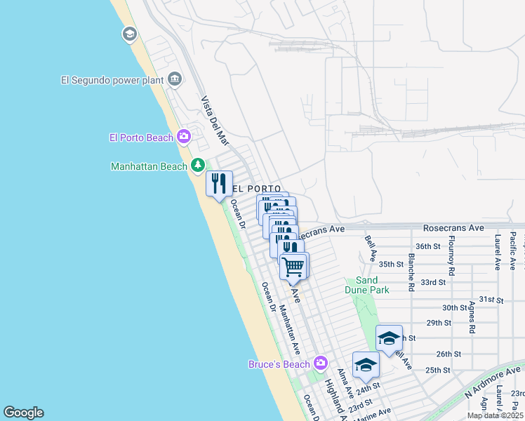 map of restaurants, bars, coffee shops, grocery stores, and more near 3921 Highland Avenue in Manhattan Beach