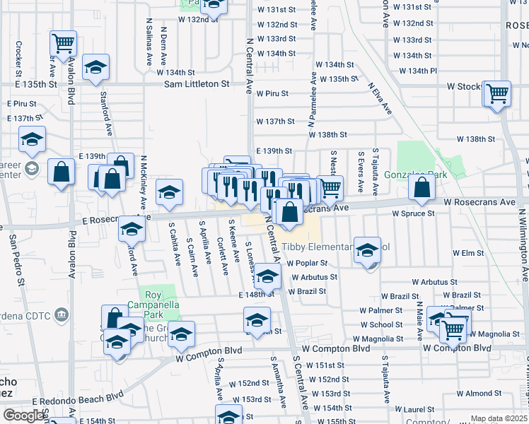 map of restaurants, bars, coffee shops, grocery stores, and more near S Central Ave & W Rosecrans Ave in Compton