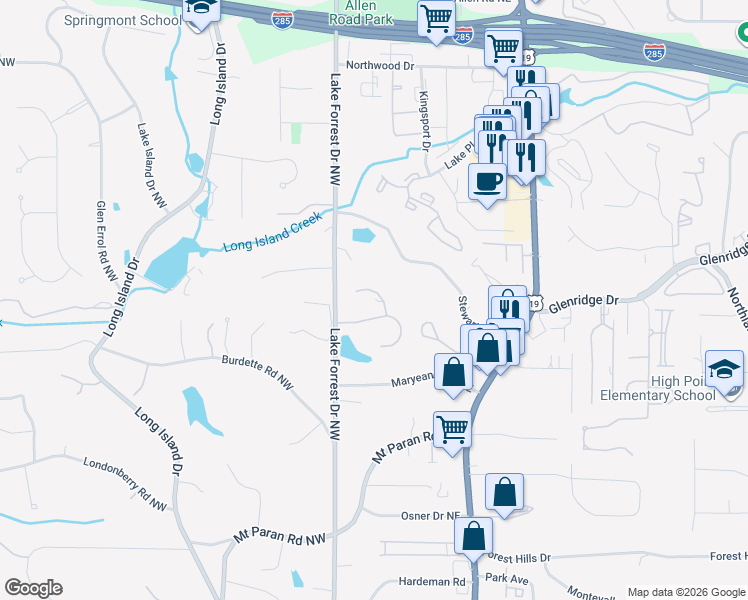 map of restaurants, bars, coffee shops, grocery stores, and more near 240 Lake Summit View in Atlanta