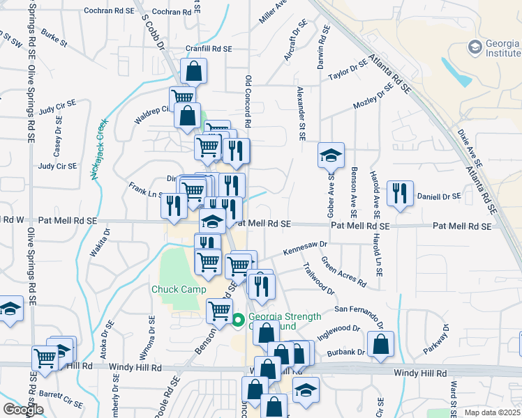 map of restaurants, bars, coffee shops, grocery stores, and more near 7004 Pat Mell Place Southeast in Smyrna