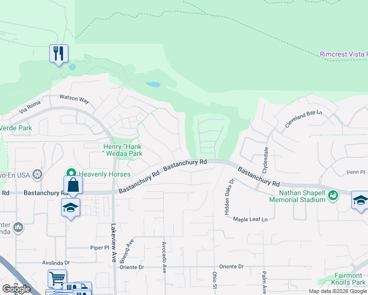 map of restaurants, bars, coffee shops, grocery stores, and more near 4062 Santa Anita Lane in Yorba Linda