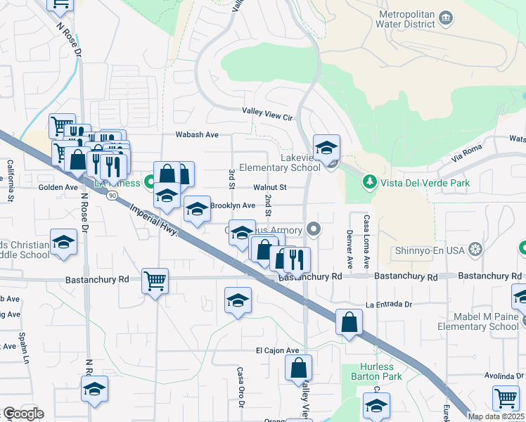 map of restaurants, bars, coffee shops, grocery stores, and more near 17371 Brooklyn Avenue in Yorba Linda