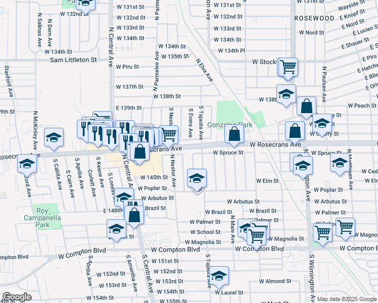 map of restaurants, bars, coffee shops, grocery stores, and more near 1316 Rosecrans Avenue in Compton