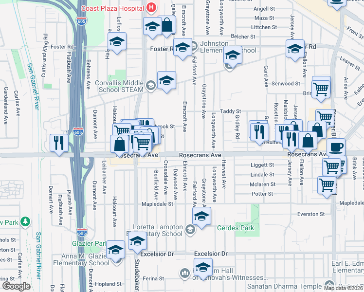 map of restaurants, bars, coffee shops, grocery stores, and more near 14119 Elmcroft Avenue in Norwalk