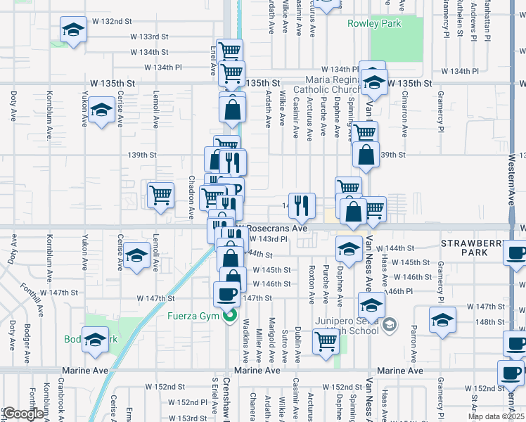 map of restaurants, bars, coffee shops, grocery stores, and more near 2908 141st Place in Gardena