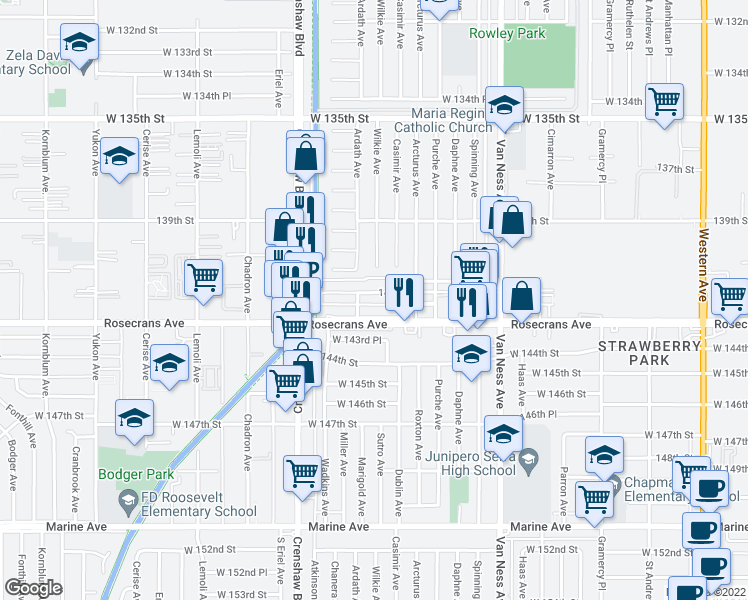map of restaurants, bars, coffee shops, grocery stores, and more near 2800 West 141st Place in Gardena