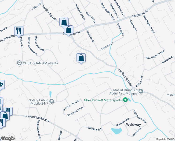 map of restaurants, bars, coffee shops, grocery stores, and more near 5594 Cobb Meadow Northwest in Norcross