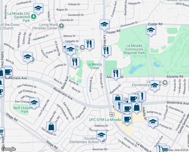 map of restaurants, bars, coffee shops, grocery stores, and more near 14002 Whiterock Drive in La Mirada