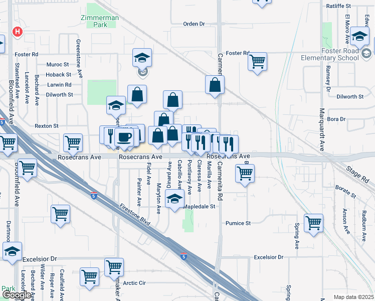 map of restaurants, bars, coffee shops, grocery stores, and more near 13217 Rosecrans Avenue in Santa Fe Springs