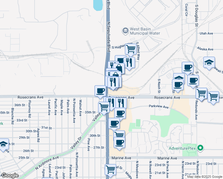 map of restaurants, bars, coffee shops, grocery stores, and more near 860 Pacific Coast Highway in El Segundo