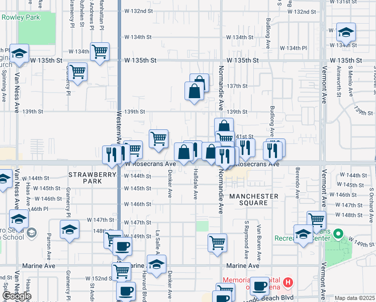 map of restaurants, bars, coffee shops, grocery stores, and more near 14112 Kingsley Drive in Gardena