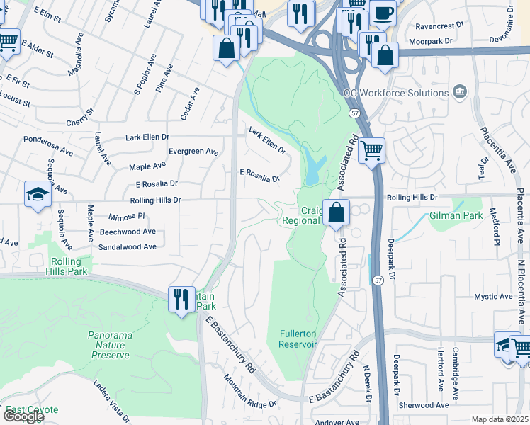 map of restaurants, bars, coffee shops, grocery stores, and more near 2804 Hickory Place in Fullerton