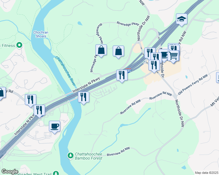map of restaurants, bars, coffee shops, grocery stores, and more near 815 Creekgarden Court in Sandy Springs
