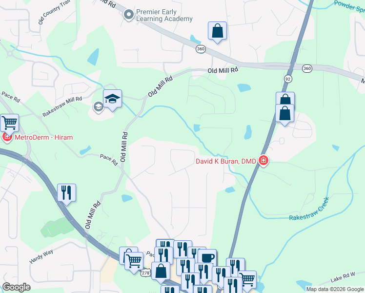map of restaurants, bars, coffee shops, grocery stores, and more near 152 Corley Circle in Hiram