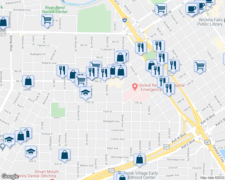 map of restaurants, bars, coffee shops, grocery stores, and more near 1714 10th Street in Wichita Falls