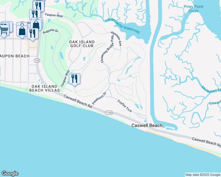 map of restaurants, bars, coffee shops, grocery stores, and more near 25 Bunker Court in Caswell Beach