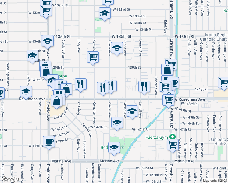 map of restaurants, bars, coffee shops, grocery stores, and more near 14120 Yukon Avenue in Hawthorne