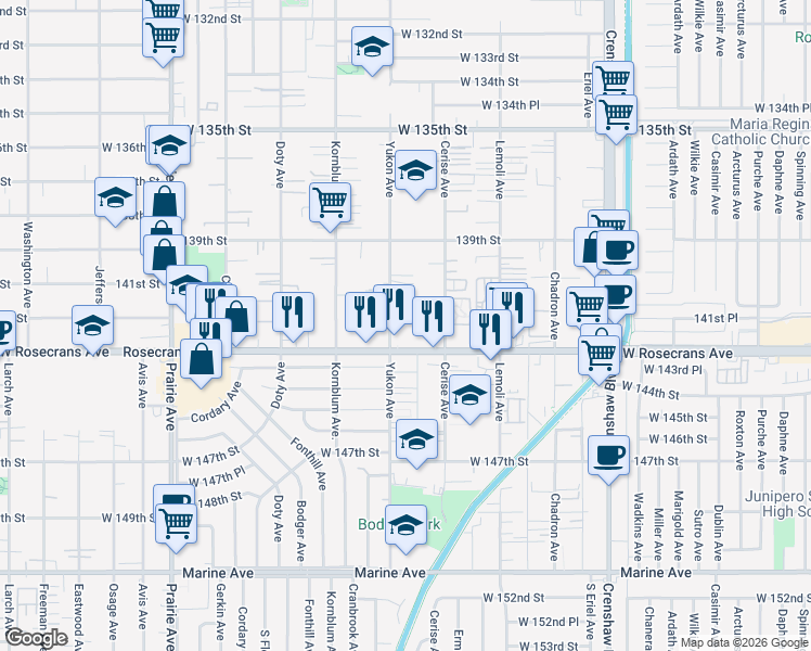 map of restaurants, bars, coffee shops, grocery stores, and more near 14120 Yukon Avenue in Hawthorne