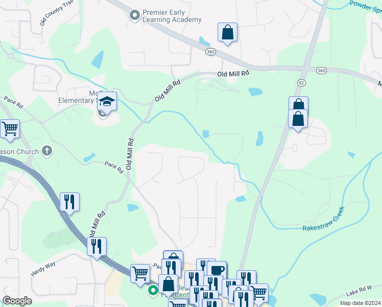 map of restaurants, bars, coffee shops, grocery stores, and more near 172 Corley Circle in Hiram