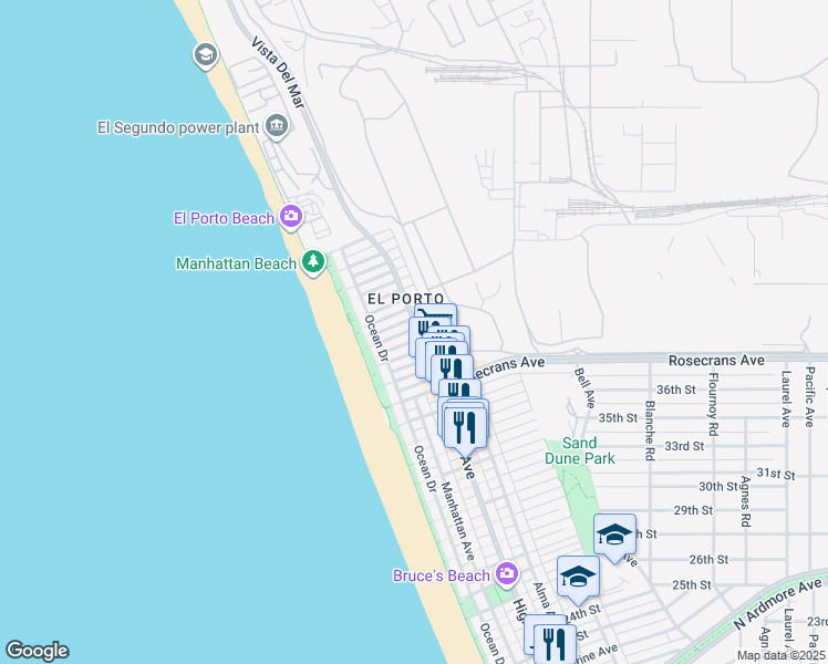 map of restaurants, bars, coffee shops, grocery stores, and more near 230 40th Street in Manhattan Beach