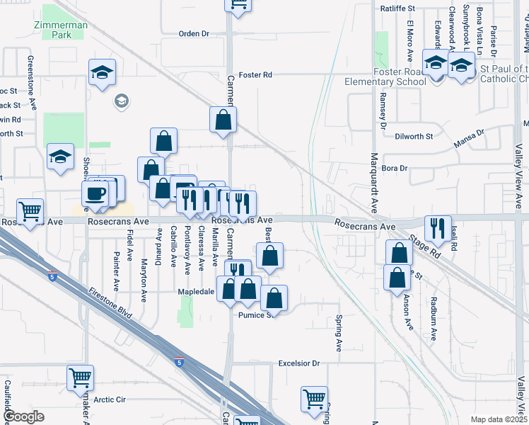 map of restaurants, bars, coffee shops, grocery stores, and more near 13467-13535 Rosecrans Ave in Santa Fe Springs