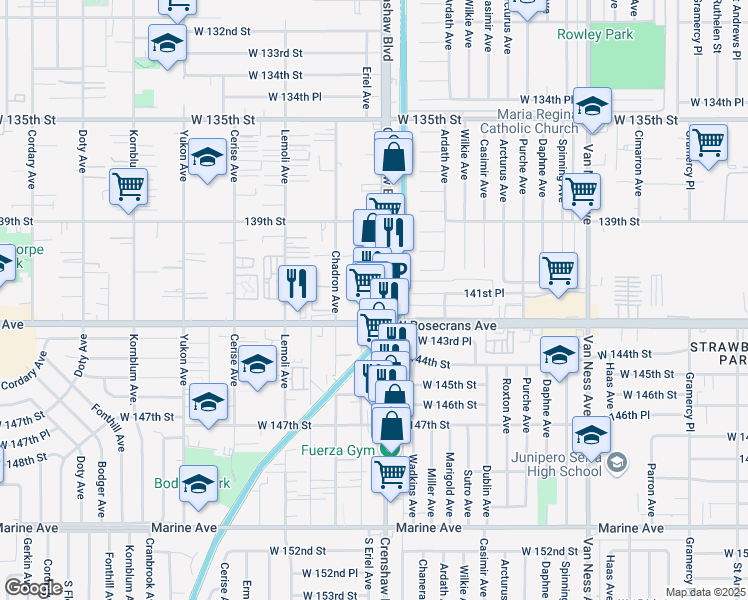 map of restaurants, bars, coffee shops, grocery stores, and more near 14115 Crenshaw Boulevard in Hawthorne