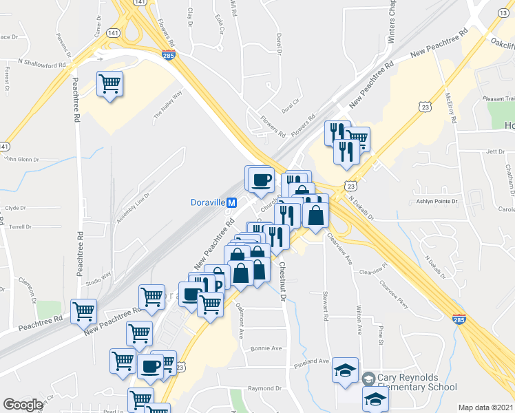 map of restaurants, bars, coffee shops, grocery stores, and more near 6037 New Peachtree Road in Doraville