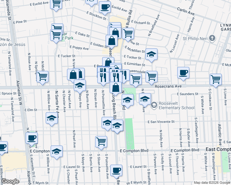 map of restaurants, bars, coffee shops, grocery stores, and more near 1422 Rosecrans Avenue in Compton