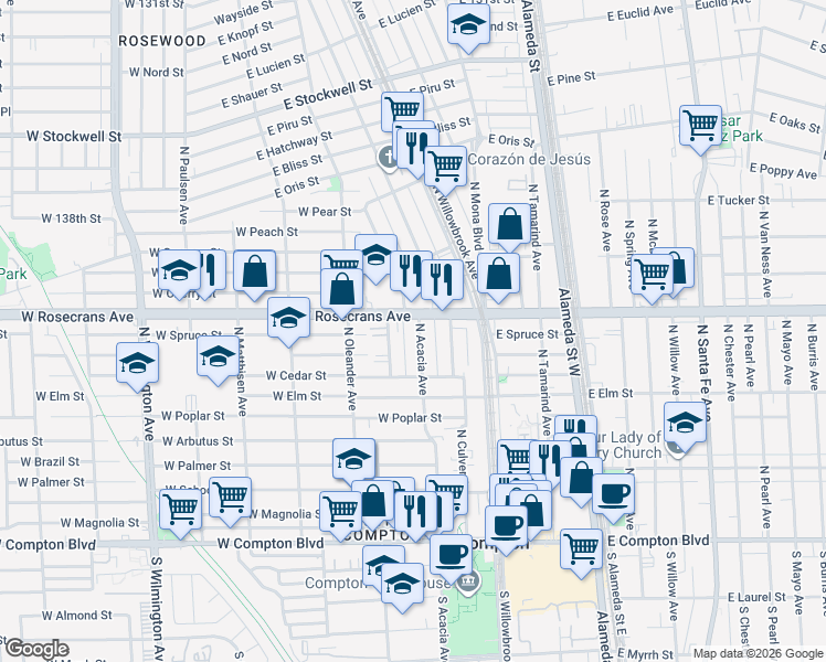 map of restaurants, bars, coffee shops, grocery stores, and more near 959 North Acacia Avenue in Compton
