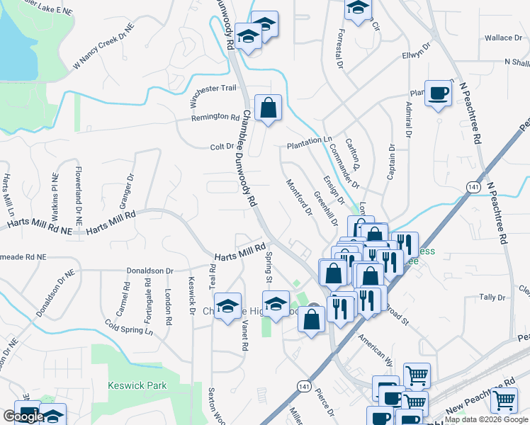 map of restaurants, bars, coffee shops, grocery stores, and more near 3841 Chamblee Dunwoody Road in Atlanta