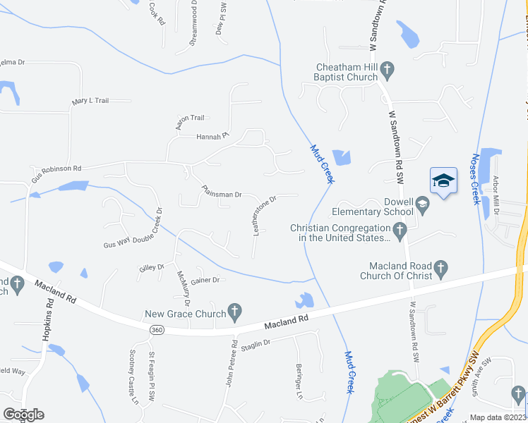 map of restaurants, bars, coffee shops, grocery stores, and more near 2197 Leatherstone Drive in Powder Springs