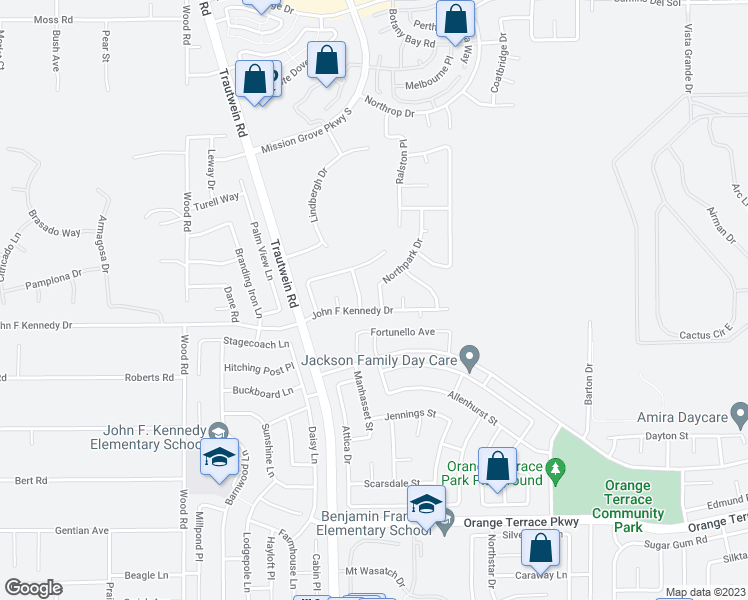 map of restaurants, bars, coffee shops, grocery stores, and more near 8187 Northpark Drive in Riverside